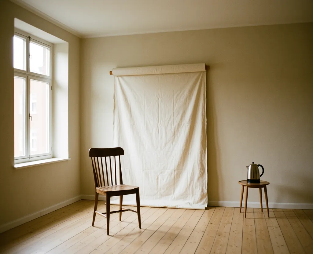Kingofoto-studiet på Kingosgade 13, Frederiksberg — nordvendt vindue, trægulve, én stol